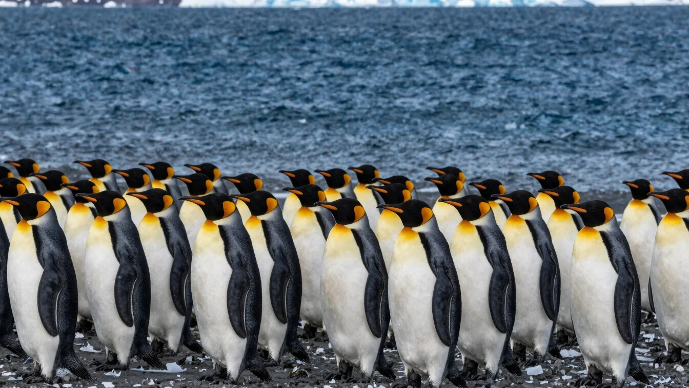 King penguins covering a vast beach in South Georgia, sharp high-