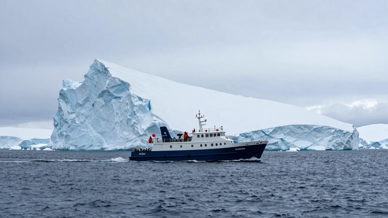 Zodiac boat navigating through calm water with towering blue iceb