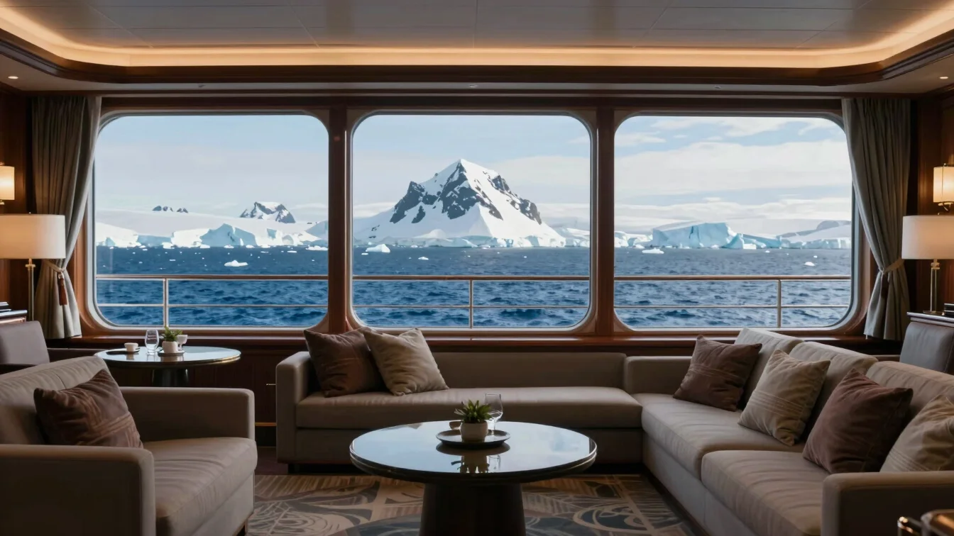 Interior of a luxurious expedition ship's lounge with large windo