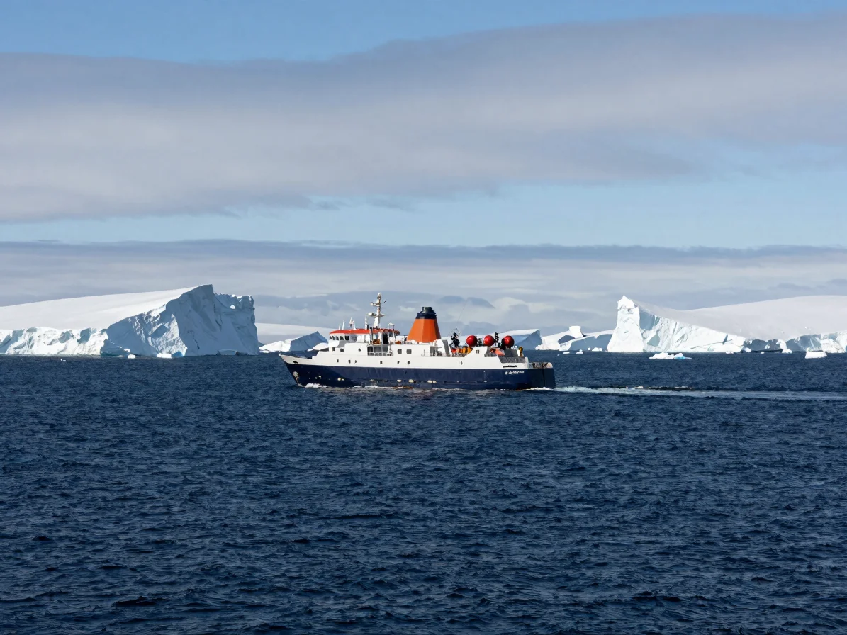Wide panoramic view of the Antarctic Peninsula, towering icebergs