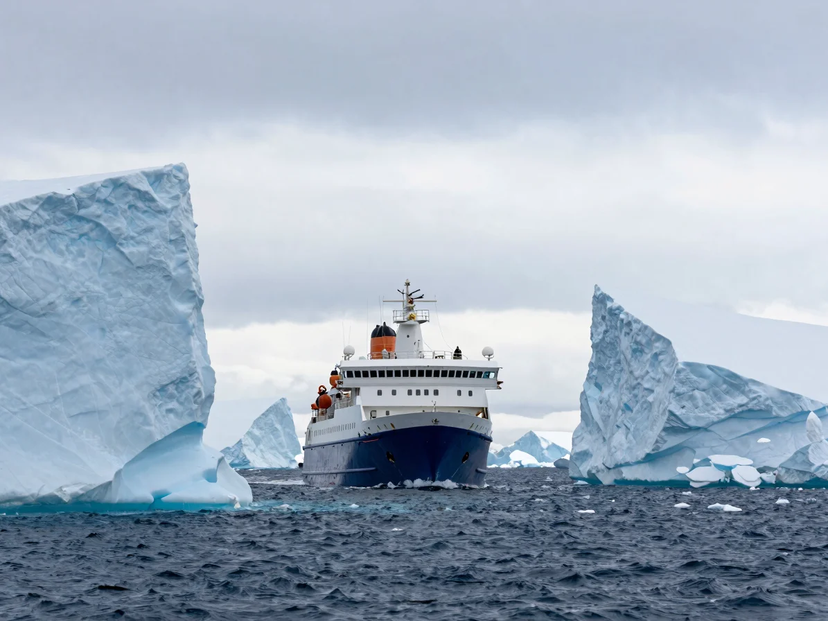 Expedition ship navigating through a narrow channel in the Antarctic Peninsula, surrounded by towering blue icebergs, cr