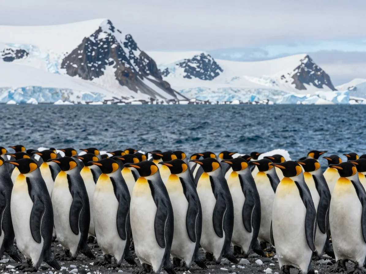 Vast colony of King Penguins on a beach in South Georgia, with snow-capped mountains in the background, under crisp pola