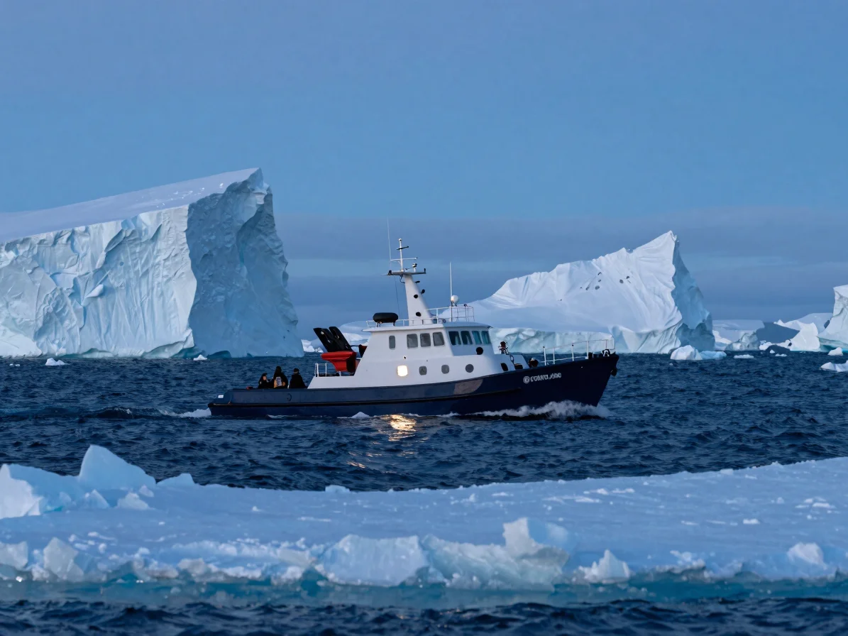 A zodiac boat navigating through tabular icebergs near the Antarctic Circle, reflecting icy-blue tones under cool blue t