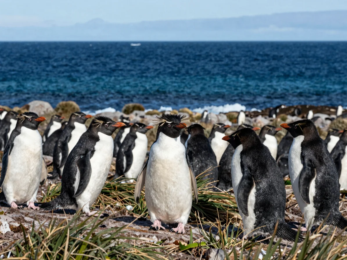 A rockhopper penguin colony on a rocky shore in the Falkland Islands, with tussock grass, under clear polar daylight, te