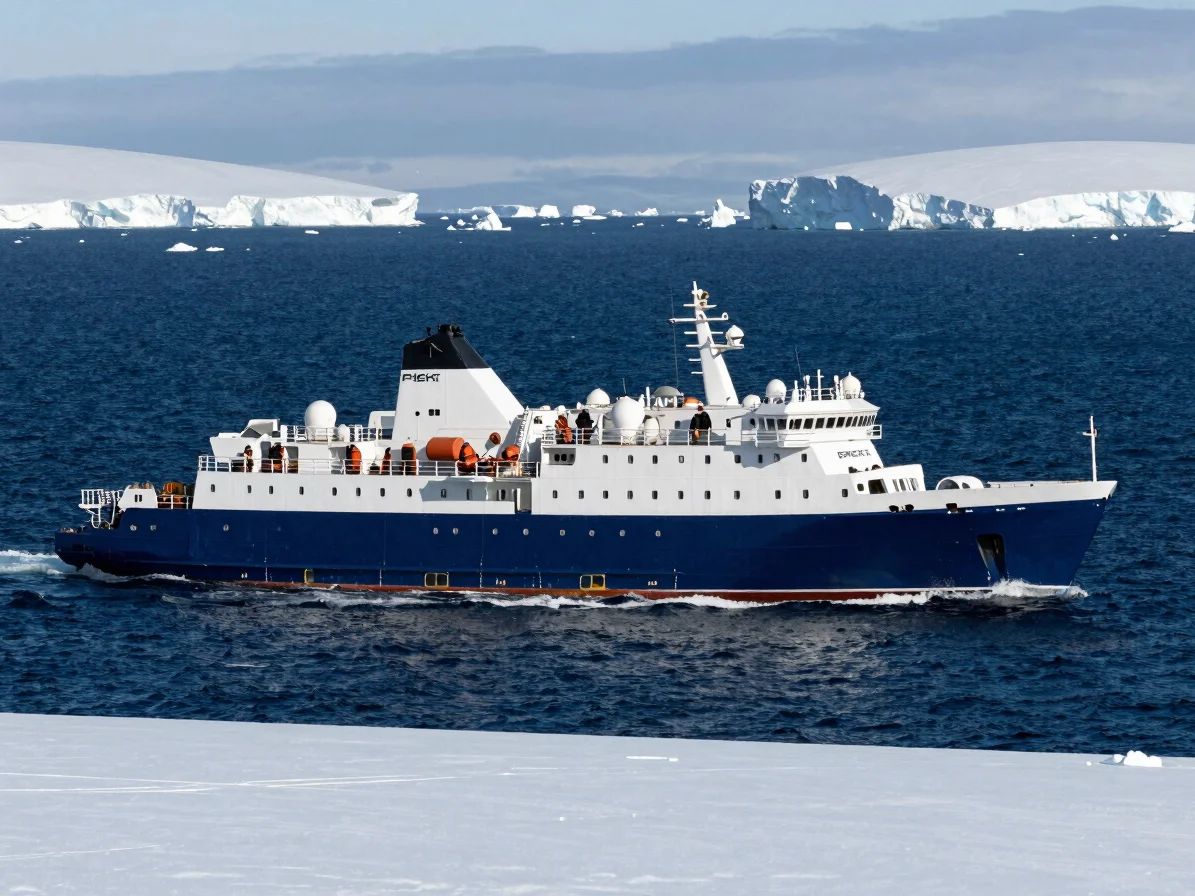 Sleek modern ice-class expedition ship navigating through icy waters in Antarctica, telephoto shot, crisp polar daylight