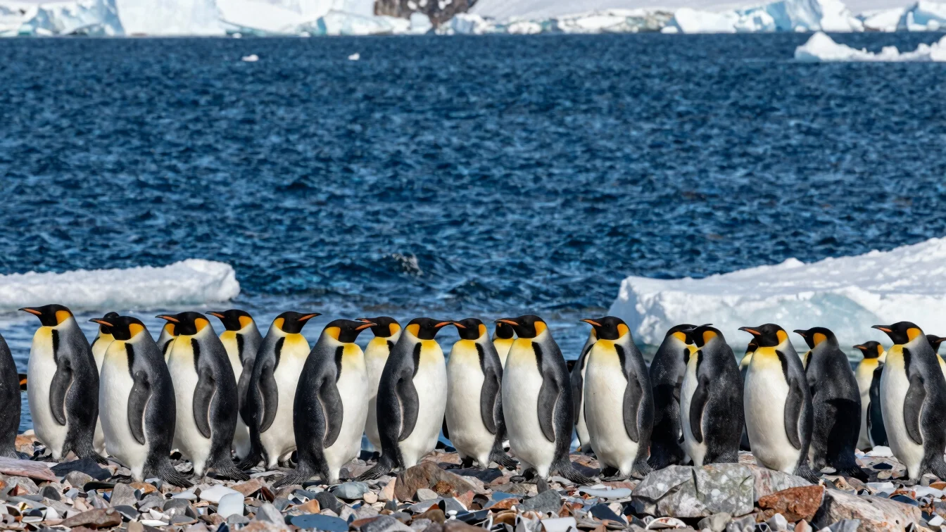 Penguin colony on a rocky shore in the Antarctic Peninsula, crisp